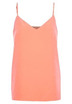 Top senza maniche color pesca con spalline sottili, scollo a V, texture liscia e orlo dritto sul fondo.