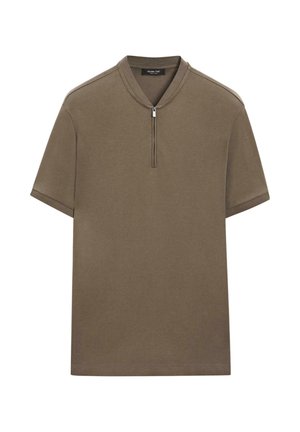Short-sleeve olive green shirt with a half-zip collar and a smooth, plain fabric texture.