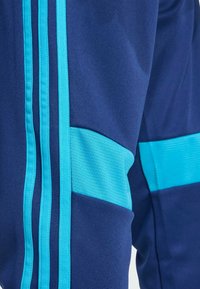 Primer plano de unos pantalones azul marino con tres franjas verticales azul claro y un panel horizontal azul claro en el muslo.