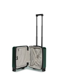 Valigia rigida verde con finitura texturizzata, manico retrattile, quattro ruote e interno grigio chiaro con cinghie e tasca con zip.