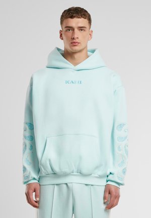 Light blue hoodie featuring a front pocket, ribbed cuffs, and decorative paisley patterns on the sleeves. Text logo embroidered on the chest.