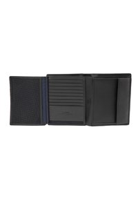 Cartera de cuero negro con un interior texturizado, múltiples ranuras para tarjetas y dos compartimentos. Presenta protección RFID y costuras en contraste.