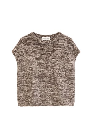 Brązowy i beżowy sweter z krótkim rękawem, wykonany z melanżowego dzianiny, z okrągłym dekoltem i metką Marc O'Polo wewnątrz kołnierzyka.