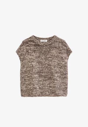 Brązowy i beżowy sweter z krótkim rękawem, wykonany z melanżowego dzianiny, z okrągłym dekoltem i metką Marc O'Polo wewnątrz kołnierzyka.