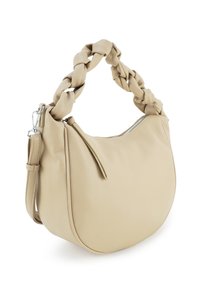 Handtas met gevlochten handvat in beige gestructureerd leer met een gebogen vorm, ritssluiting en afneembare schouderriem.