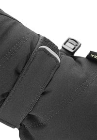 Black fabric strap with a smooth texture, featuring a hook-and-loop fastener and rectangular plastic buckle for secure adjustment.