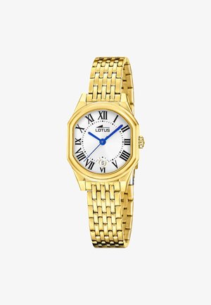 Zegarek na rękę Gold Lotus z białą tarczą, czarnymi rzymskimi cyframi, niebieskimi wskazówkami, okienkiem z datą o godzinie 6 oraz stalową bransoletą.