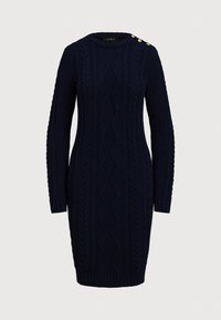 Abito lavorato a maglia blu navy con motivo a treccia, maniche lunghe, scollo rotondo e bottoni dorati decorativi sulla spalla.