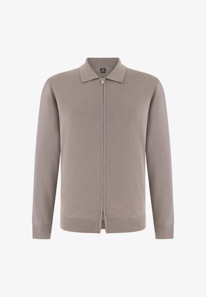 Herren-Cardigan mit langen Ärmeln in Taupe, Reißverschluss, Kragen sowie gerippten Bündchen und Saum, präsentiert vor weißem Hintergrund.