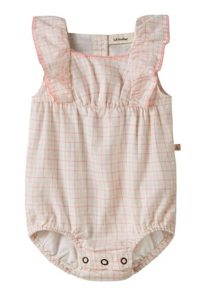 Detský overal bez rukávov s ružovým mriežkovým vzorom, volánikovými ramienkami a patentkami v rozkroku pre jednoduchú výmenu plienok.