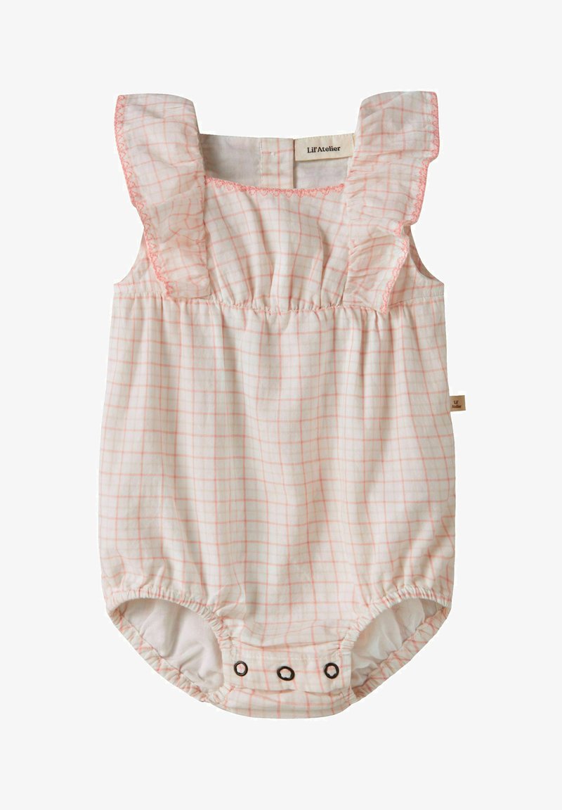 Barboteuse bébé sans manches avec motif à carreaux roses, bretelles à volants et pressions à l’entrejambe pour faciliter le changement de couche.