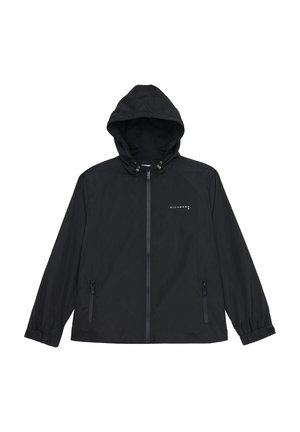 Giacca nera con cappuccio realizzata in materiale leggero. Presenta una cerniera frontale, due tasche laterali e polsini elastici per un look aderente.