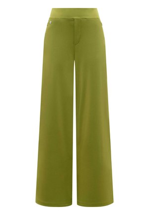 Spodnie z wysokim stanem i szerokimi nogawkami w oliwkowej zieleni, z ozdobnymi szwami z przodu i guzikami po bokach.