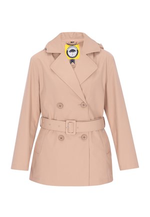 Beżowy dwurzędowy płaszcz z gładkiego, lekkiego materiału. Posiada pasek w talii, duże klapy oraz dwie przednie kieszenie.
