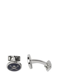 Stříbrné manžetové knoflíčky s kulatým námořnicky modrým smaltovaným vrškem, zdobeným motivem zkřížených holí a klobouku, zakončené hladkým, leštěným povrchem.