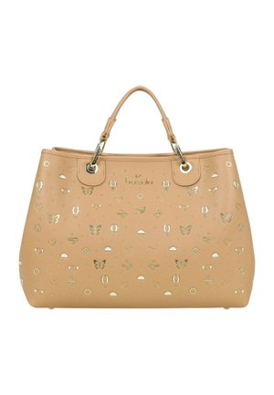 Borsa in pelle color cuoio con farfalle dorate, mongolfiere, cuori, nuvole e motivi di sole, dotata di doppi manici e dettagli metallici.