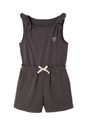 Ärmelloser dunkelgrauer Overall mit geknoteten Schulterriemen, elastischem Bund mit cremefarbenem Schleifenakzent, Seitentaschen und kleinem Herz mit Leopardenmuster auf der Brust.