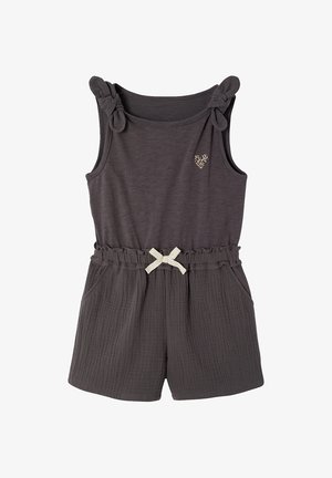 Ärmelloser dunkelgrauer Overall mit geknoteten Schulterriemen, elastischem Bund mit cremefarbenem Schleifenakzent, Seitentaschen und kleinem Herz mit Leopardenmuster auf der Brust.