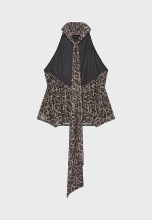 Haut dos nu noir avec bordure imprimé léopard marron et longue écharpe assortie nouée autour du cou et tombant sur le devant.