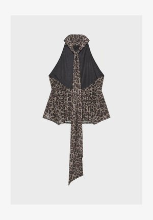 Haut dos nu noir avec bordure imprimé léopard marron et longue écharpe assortie nouée autour du cou et tombant sur le devant.