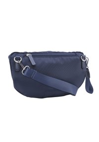 Borsa a spalla in tessuto navy con chiusura a zip, tracolla regolabile, hardware argentato e design texturizzato. Compatta e versatile per l'uso quotidiano.