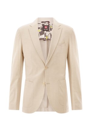 Beiger Herrenblazer mit zwei Knöpfen, Spitzrevers, drei Fronttaschen und gemustertem Innenfutter.