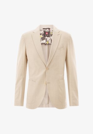 Beiger Herrenblazer mit zwei Knöpfen, Spitzrevers, drei Fronttaschen und gemustertem Innenfutter.