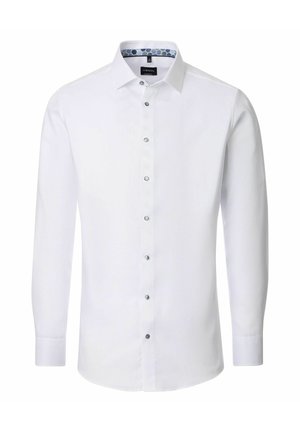 Weißes Herrenhemd mit langen Ärmeln, Knopfleiste vorne und gemustertem Innenkragen.