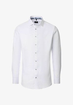 Weißes Herrenhemd mit langen Ärmeln, Knopfleiste vorne und gemustertem Innenkragen.