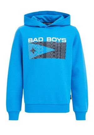 Helles blaues Kapuzen-Sweatshirt mit gerippten Bündchen an Ärmeln und Saum, auf der Brust mit wiederholtem "BAD BOYS"-Schriftzug in Weiß und Schwarz.