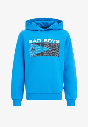 Jasnoniebieska bluza z kapturem z prążkowanymi mankietami i ściągaczem, z powtarzającym się napisem „BAD BOYS” w kolorze białym i czarnym na piersi.