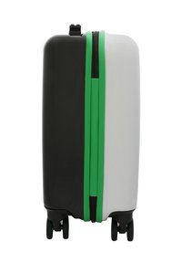 Valigia rigida con una combinazione di colori nero, bianco e verde, con finitura liscia, doppie cerniere e quattro ruote girevoli.