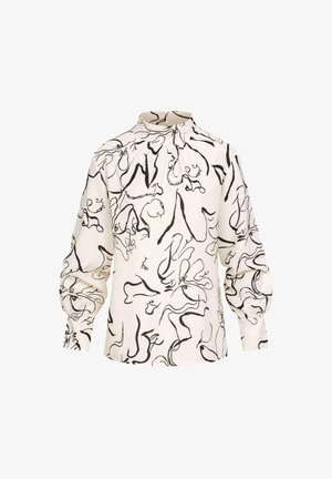 Ilga rankovė bluzonė kreminės spalvos audinio, su abstrakčiais juodais linijų piešiniais. Aukštas apykaklė, susirinkimas kaklo srityje ir elastingos rankovių galuos.