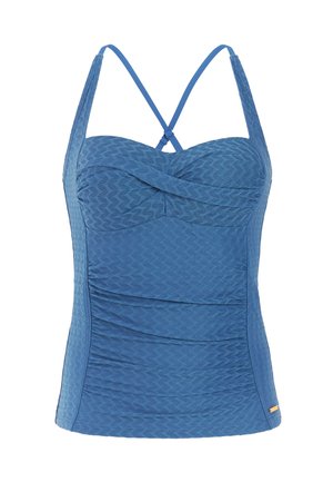 Blauw zwemtopje met patroon, verstelbare spaghetti bandjes, gerimpelde zijkanten en een gestructureerde buste. Gemaakt van een getextureerd materiaal.