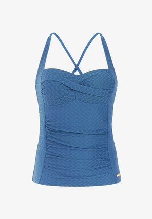 Blauw zwemtopje met patroon, verstelbare spaghetti bandjes, gerimpelde zijkanten en een gestructureerde buste. Gemaakt van een getextureerd materiaal.
