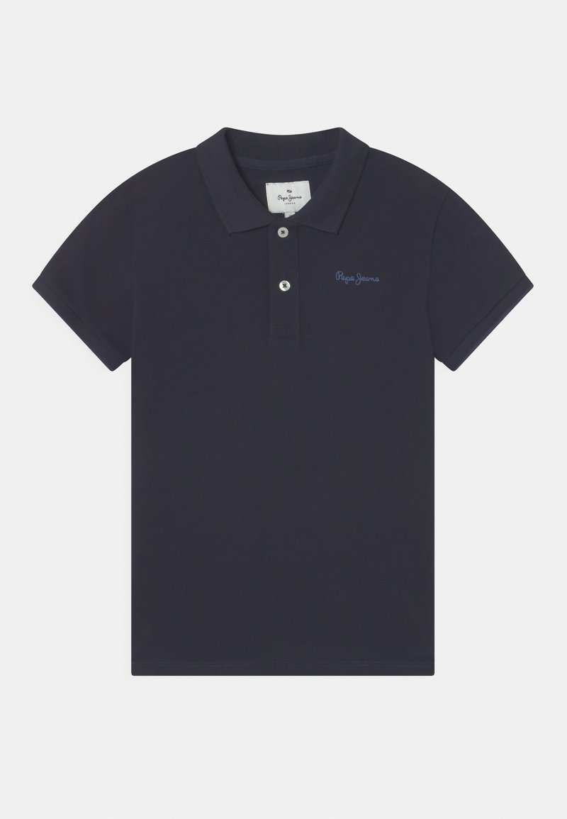 Polo bleu marine à manches courtes avec col, deux boutons et petit logo bleu "Pepe Jeans" sur la poitrine gauche.
