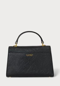Sac à main noir en matériau texturé avec une forme structurée, doté d'une anse supérieure et d'accents en métal doré. Nom de la marque en doré.