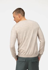 Maglione beige chiaro con scollatura rotonda, maniche lunghe e una consistenza liscia. Il retro presenta un design semplice, abbinato a pantaloni verdi.