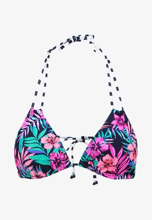 Bikini-Oberteil mit floralem Muster in Pink und Grün auf schwarzem Hintergrund, mit gestreiften schwarz-weißen Bindebändern und verstellbarem Design.