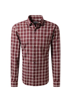 Camicia a maniche lunghe a quadri in bordeaux e crema, presenta un colletto a camicia, bottoni frontali e una sottile tasca sul petto. Tessuto in cotone.