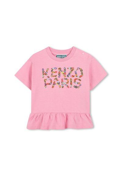 Rosa Baumwoll-T-Shirt mit kurzen Ärmeln, einem Rüschensaum und dem Logo "KENZO PARIS" in bunten, blumenmusternden Buchstaben.
