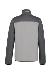 Chaqueta de forro polar gris bicolor con tejido texturizado, mangas largas y cuello alto, vista desde la parte posterior.