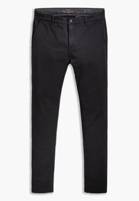 Pantaloni chino neri con vestibilità affusolata, realizzati in tessuto di cotone. Presentano tasche frontali, chiusura con bottone e una vita testurizzata.