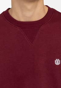 Felpa bordeaux a girocollo con texture a coste e dettaglio a V, caratterizzata da un piccolo logo bianco sul lato sinistro del petto.