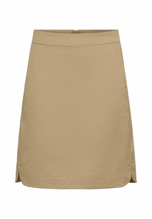 Beige knee-length skirt with side slits and a straight waistband, made of smooth fabric.