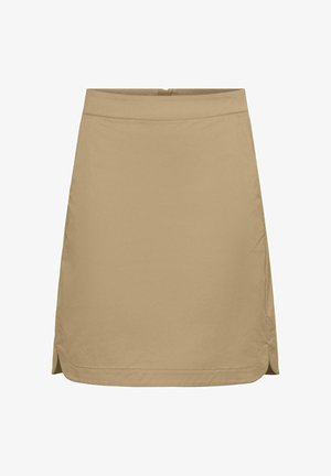 Beige knee-length skirt with side slits and a straight waistband, made of smooth fabric.
