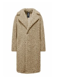 Beige teddyjas met een textuur van krullend fleece, lange mouwen, brede reverskraag en een middellange snit.