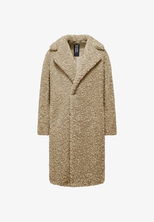 Beige Teddy-Mantel mit einer strukturierten, lockigen Fleece-Oberfläche, langen Ärmeln, breitem Reverskragen und mittellanger Schnittführung.