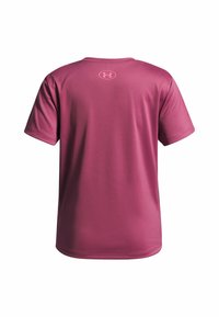 Short-sleeve athletic shirt in dark pink, made of smooth, moisture-wicking fabric; features a round neck and logo at the back.