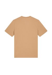 Beige katoenen t-shirt met korte mouwen, ronde hals en een gladde textuur. De achterkant toont een onopgesmukt ontwerp en een rechte zoom.